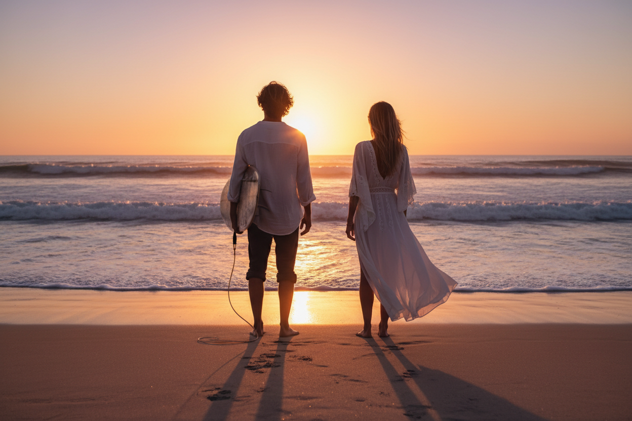 Beach with Man holding a surfboard and Woman in white dress looking at sunset