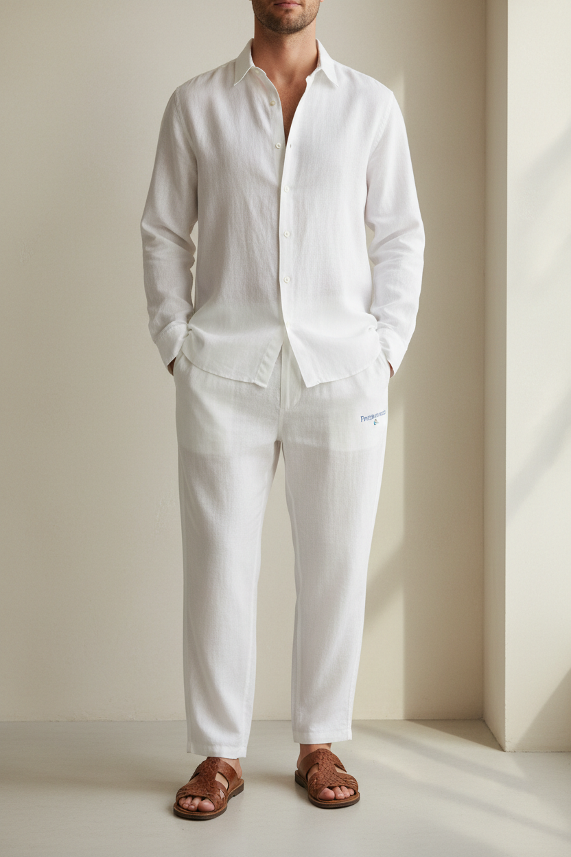 Man in White linen pants with Logo "Freshwater Co." wearing a white linen shirt and brown sandals. make image height 1248px and width 832px