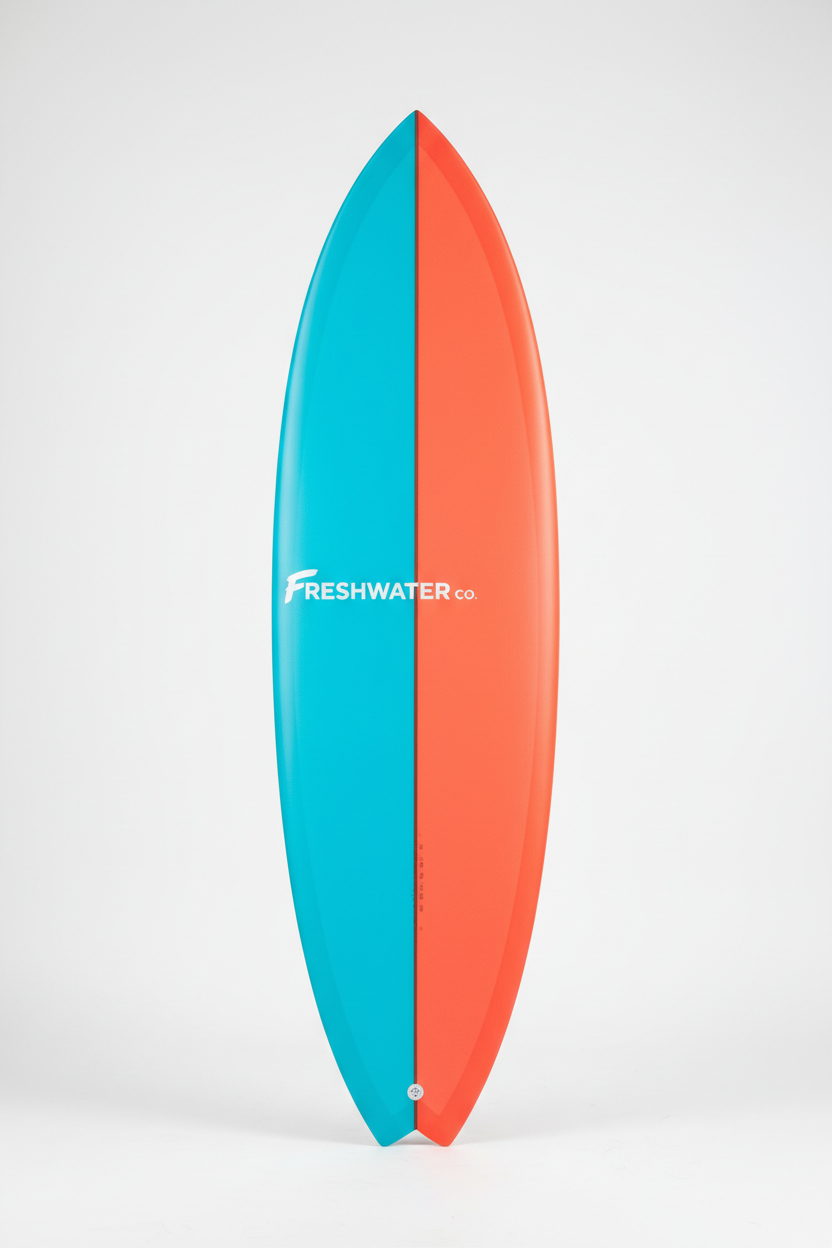 vertically standing Shortboard Surfboard 2 bright colors with Logo "Freshwater Co." 