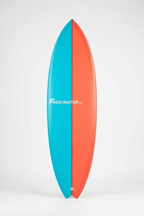 vertically standing Shortboard Surfboard 2 bright colors with Logo "Freshwater Co." 